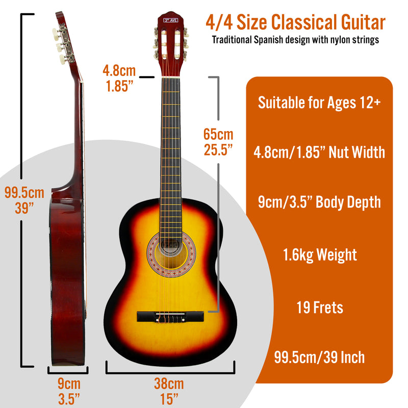 3rd Avenue Full Size Classical Guitar Pack Sunburst Classical Guitars